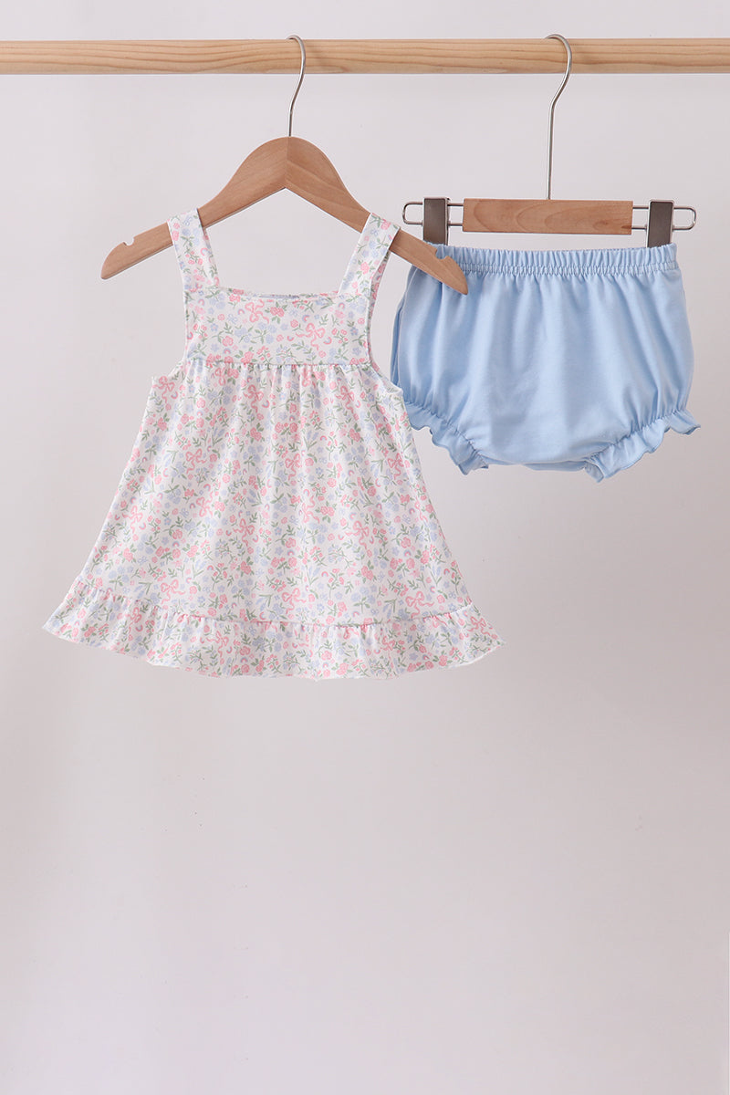 Blue Floral Print Ruffle Bloomer Set