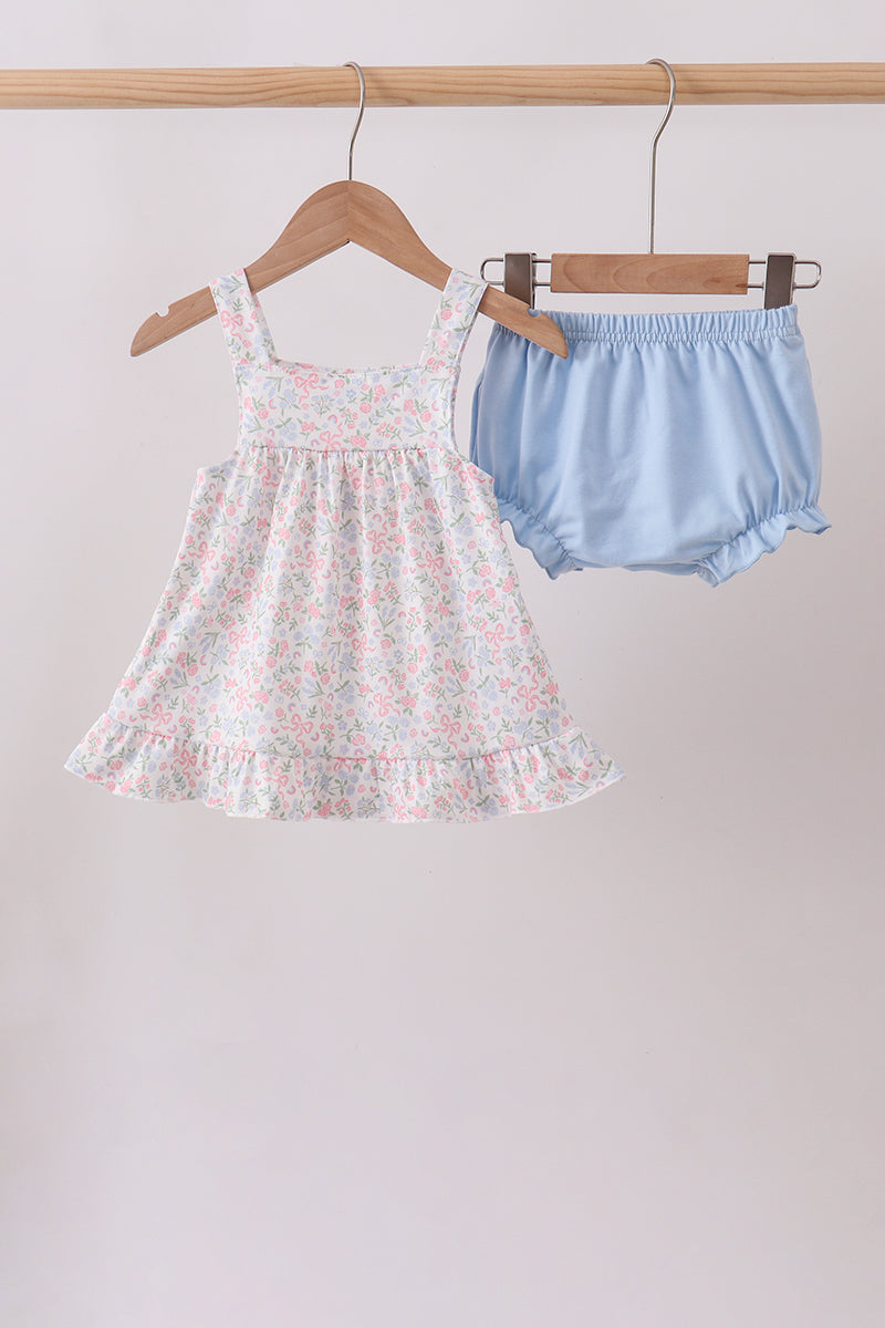 Blue Floral Print Ruffle Bloomer Set