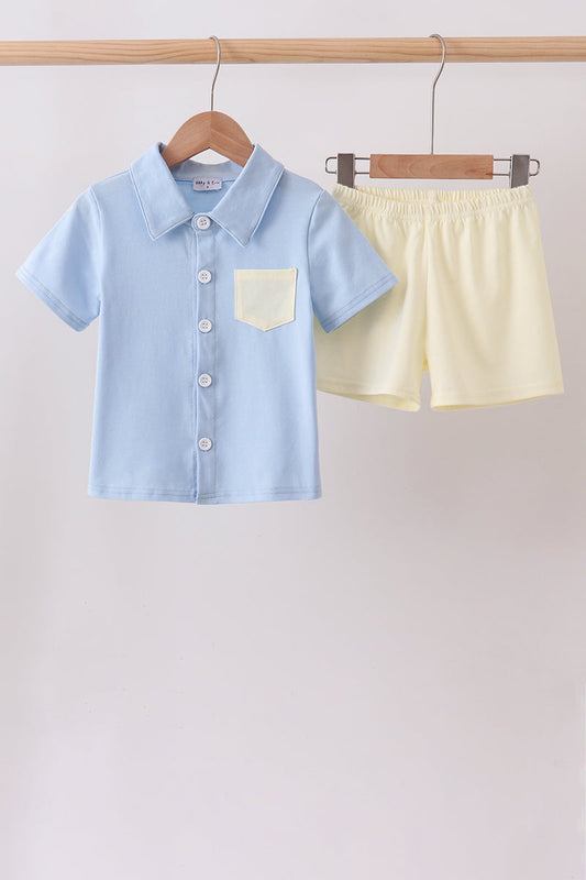 Blue Colorblock Pocket Shorts Set