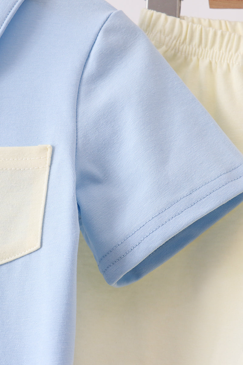 Blue Colorblock Pocket Shorts Set