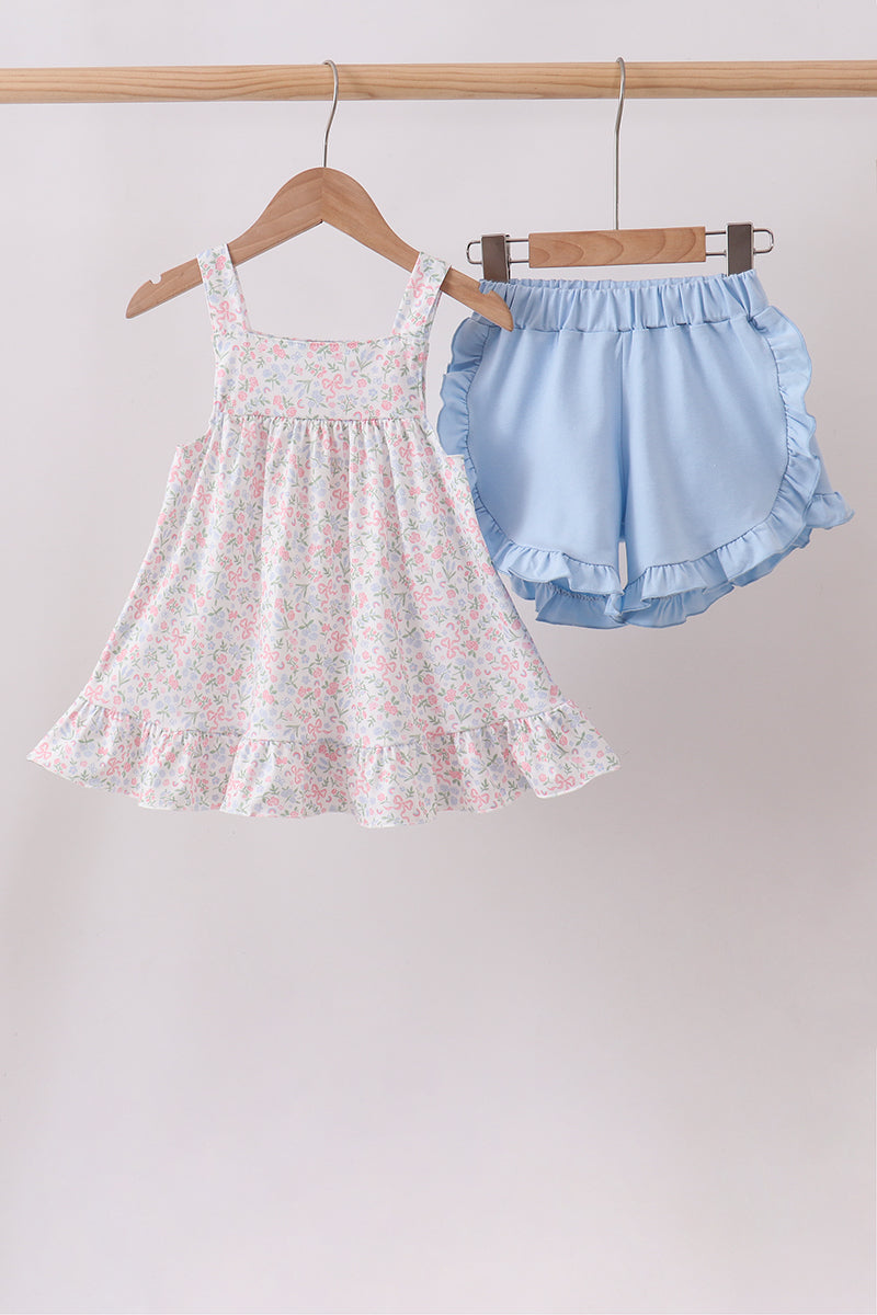 Blue Floral Print Ruffle Shorts Set