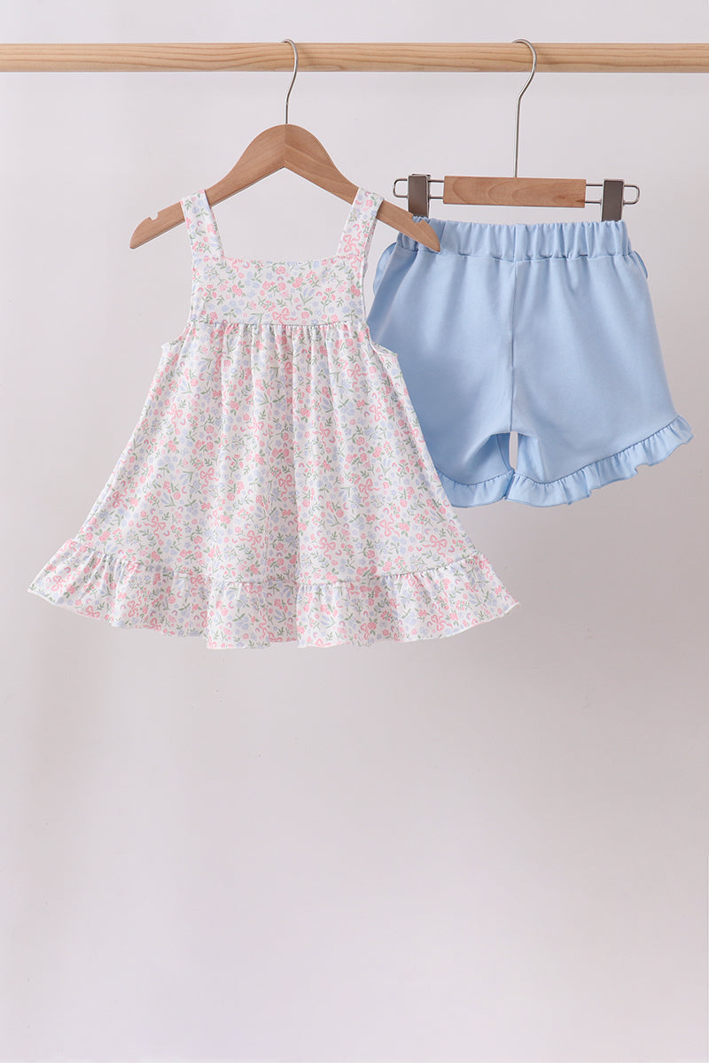 Blue Floral Print Ruffle Shorts Set