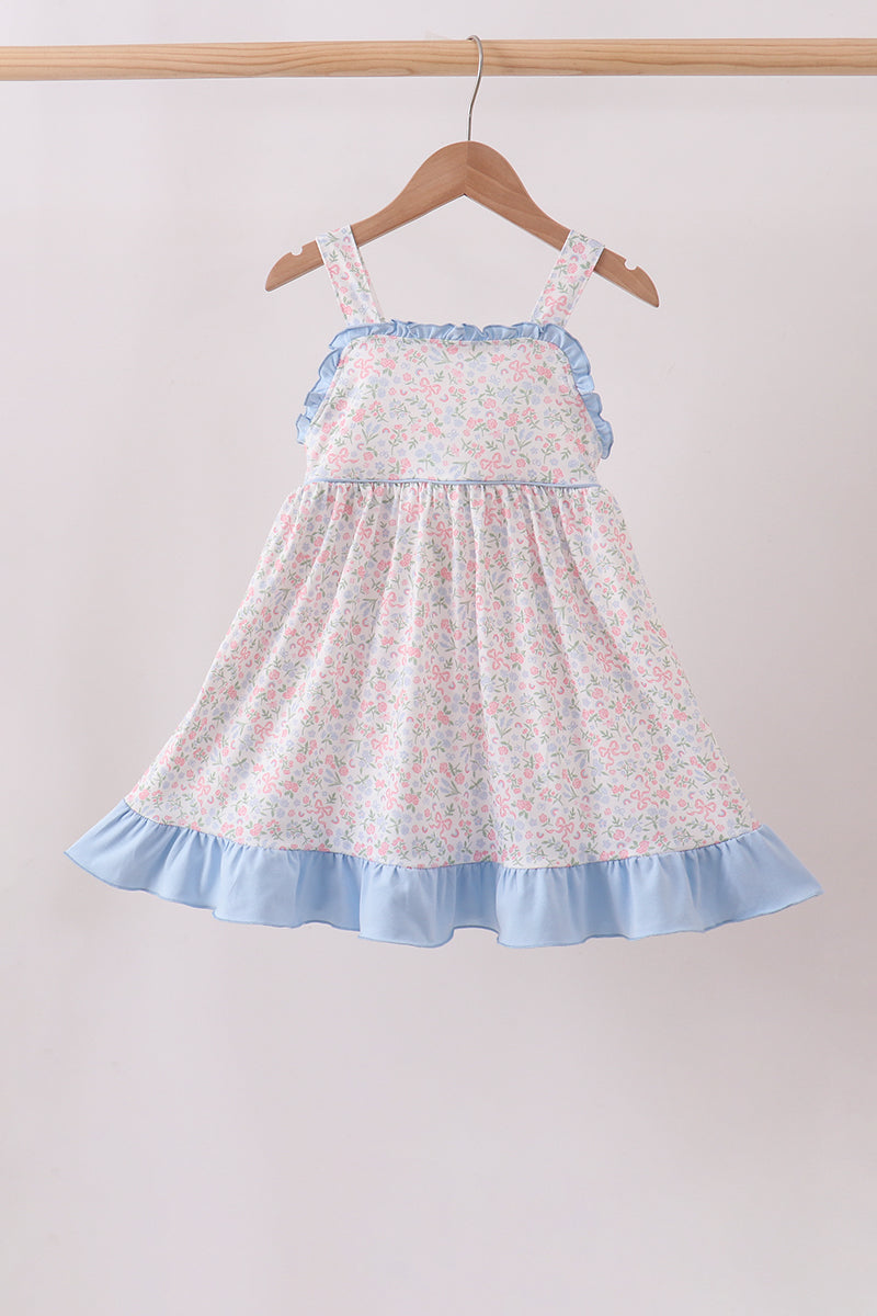 Blue Floral Print Ruffle Dress