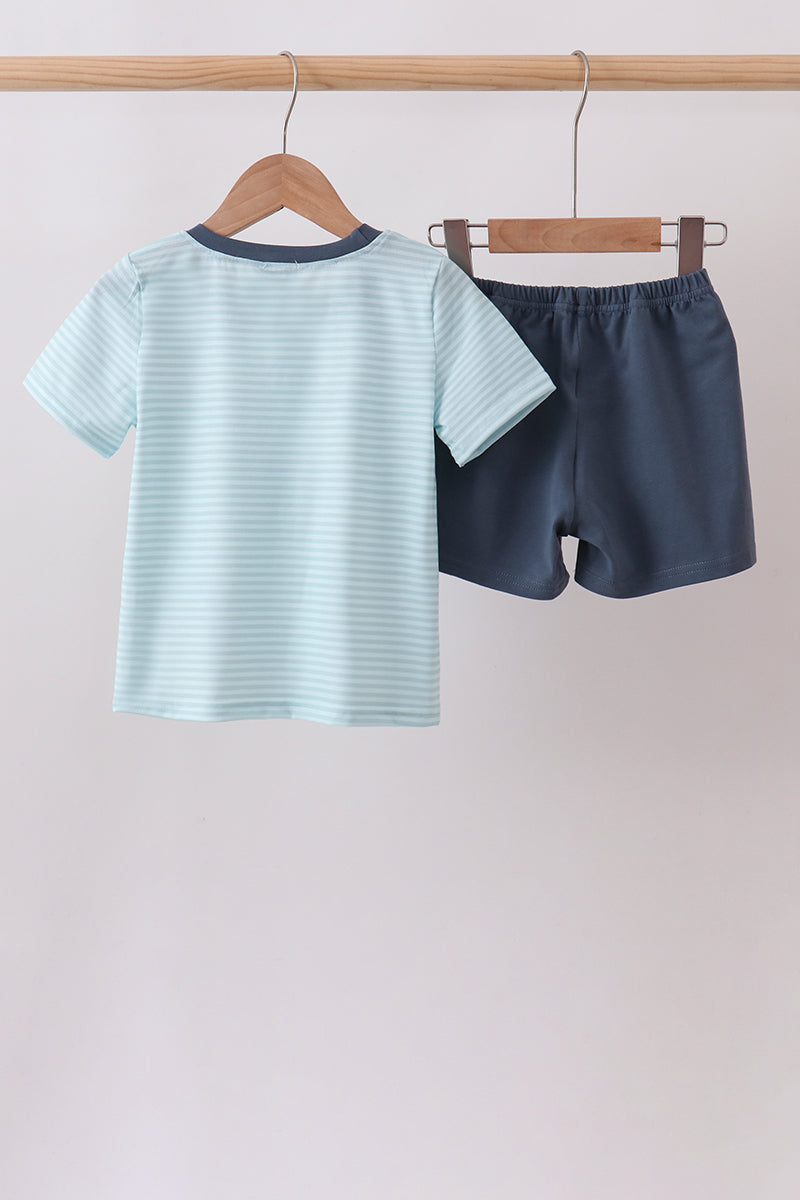 Blue Stripe Shorts Set