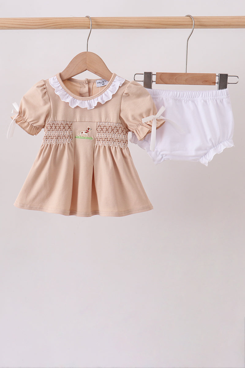 Khaki Puppy Smocked Bloomer Set
