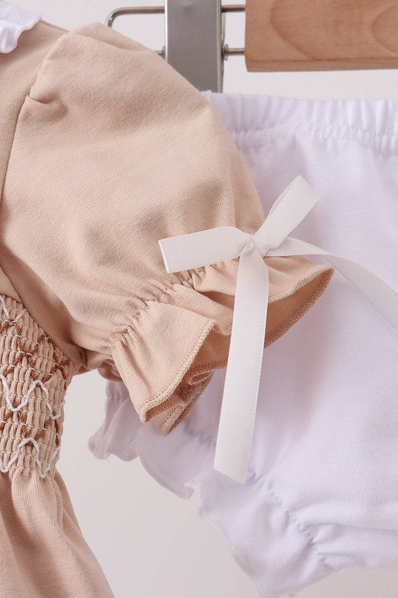 Khaki Puppy Smocked Bloomer Set