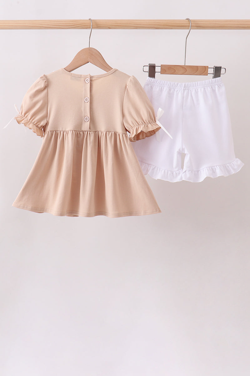 Khaki Puppy Smocked Ruffle Shorts Set