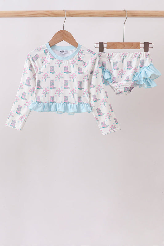 Blue Boots Ruffle Rashguard Set
