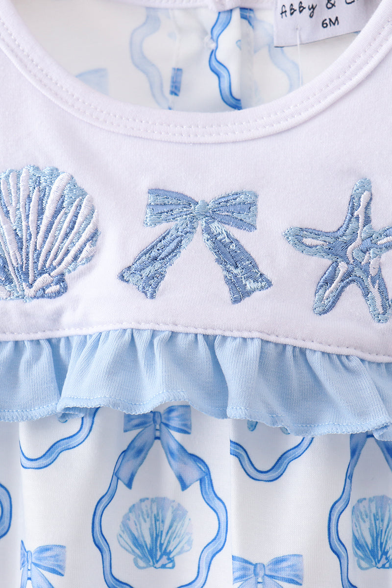 Blue Shells Embroidered Ruffle Bubble