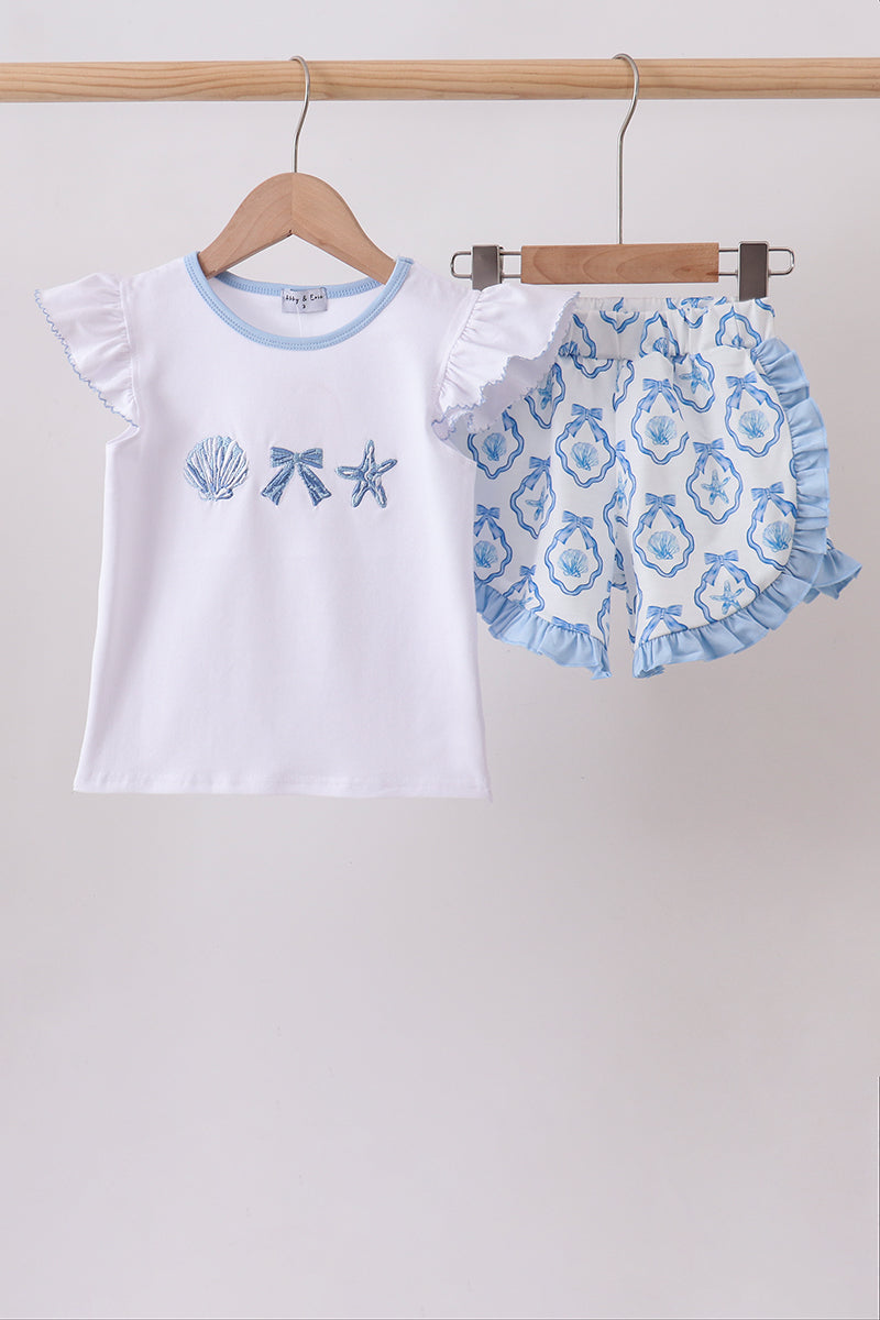 Blue Shells Embroidered Ruffle Shorts Set