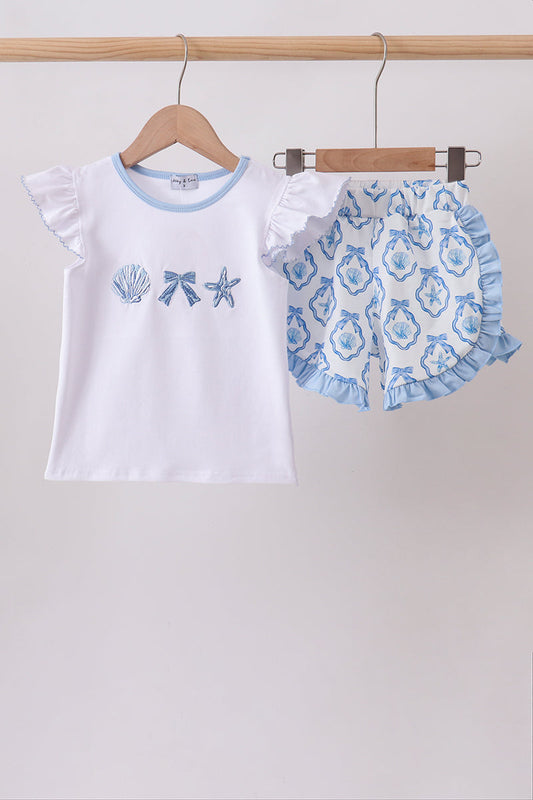 Blue Shells Embroidered Ruffle Shorts Set