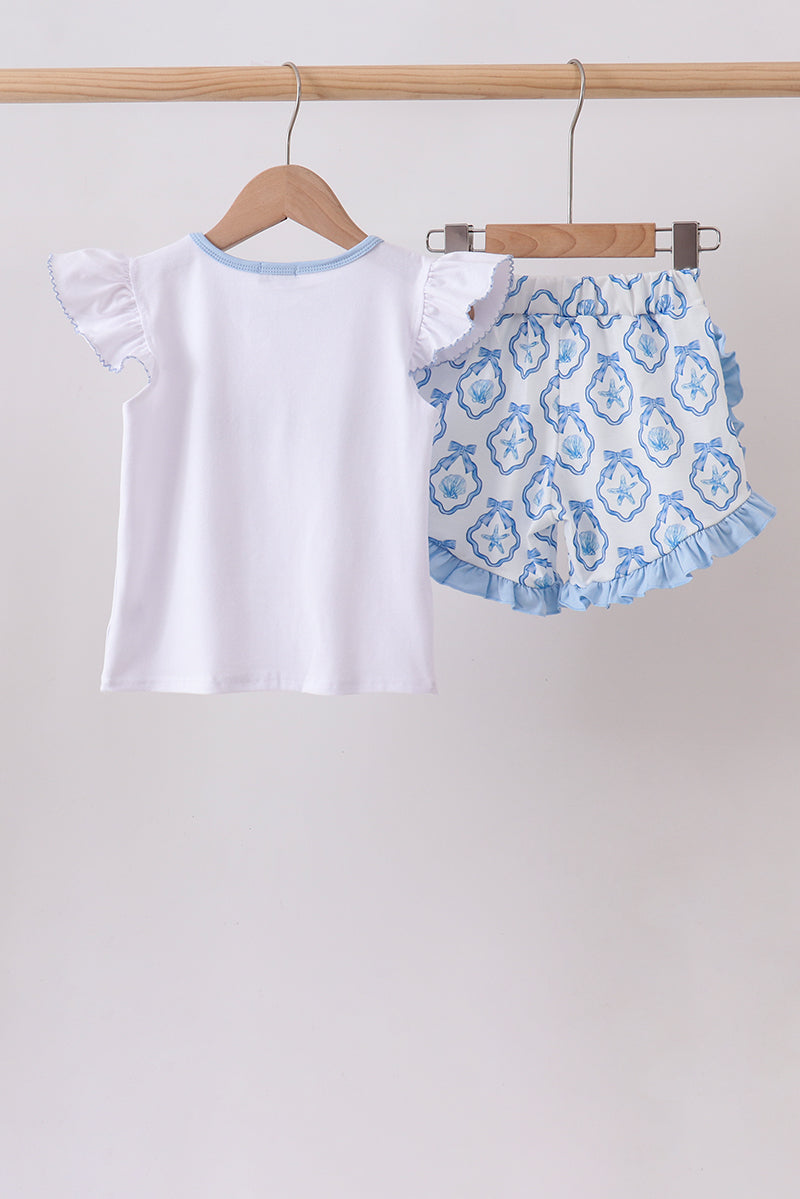 Blue Shells Embroidered Ruffle Shorts Set