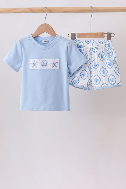 Blue Shells Embroidered Shorts Set