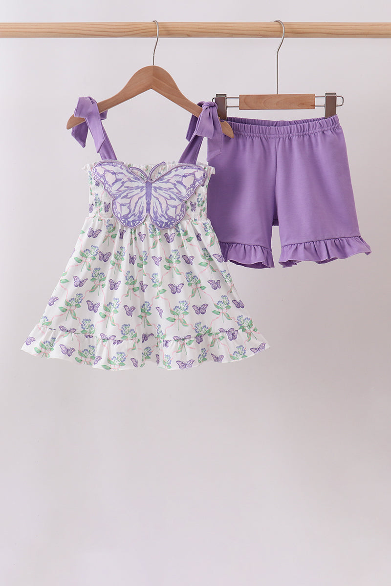 Purple Butterfly Applique Shorts Set
