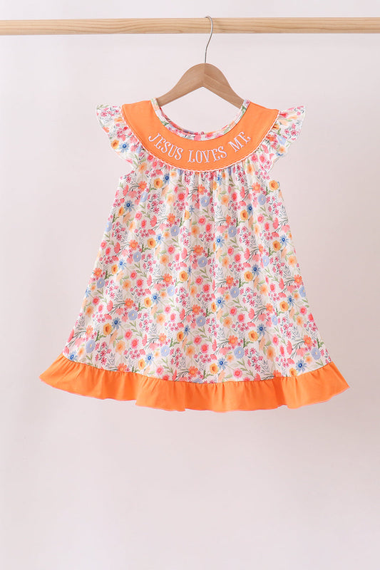 Coral Jesus Loves me Embroidered Floral Ruffle Dress