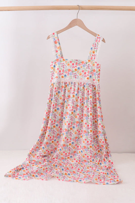 Coral Floral Print Mom Lace Dress