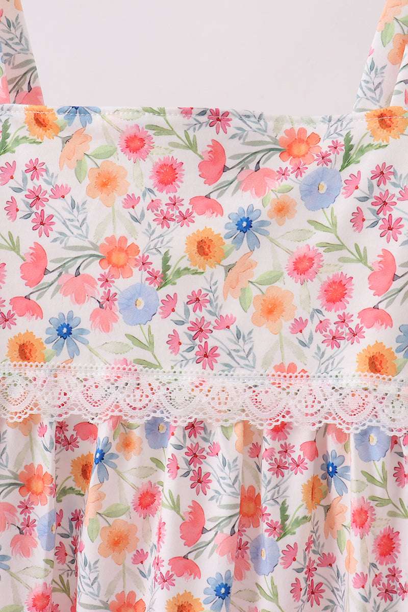 Coral Floral Print Mom Lace Dress
