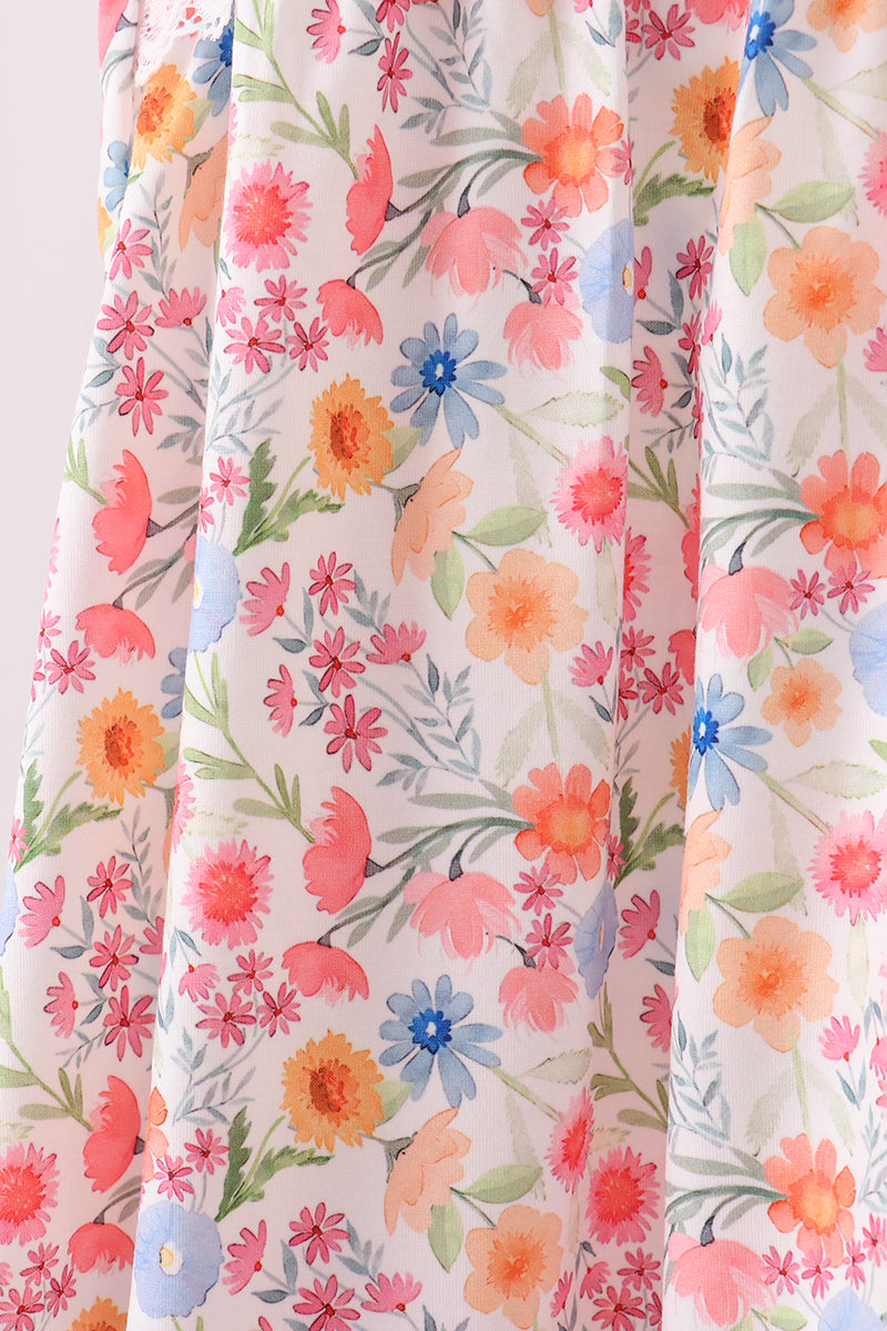 Coral Floral Print Mom Lace Dress