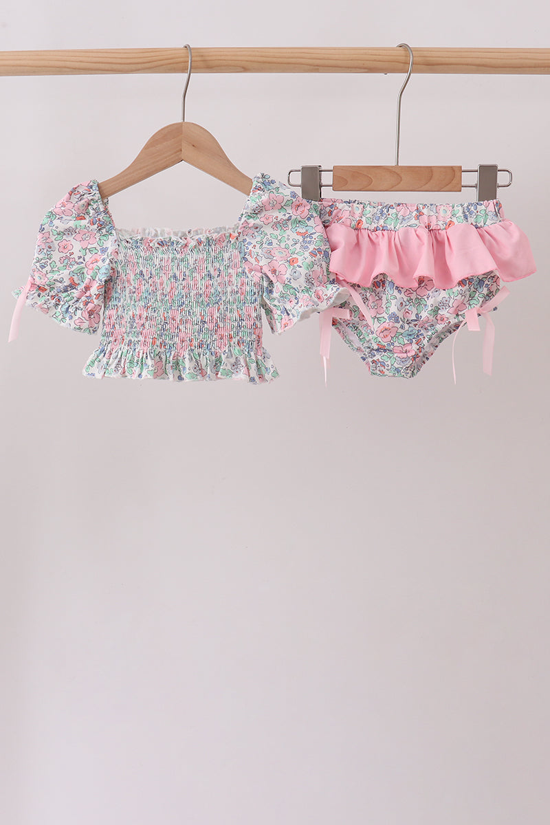Pink Floral Smocked Swimsuit