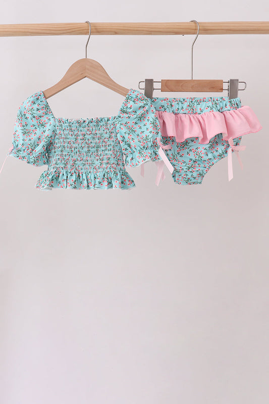 Green Floral Smocked Swimsuit