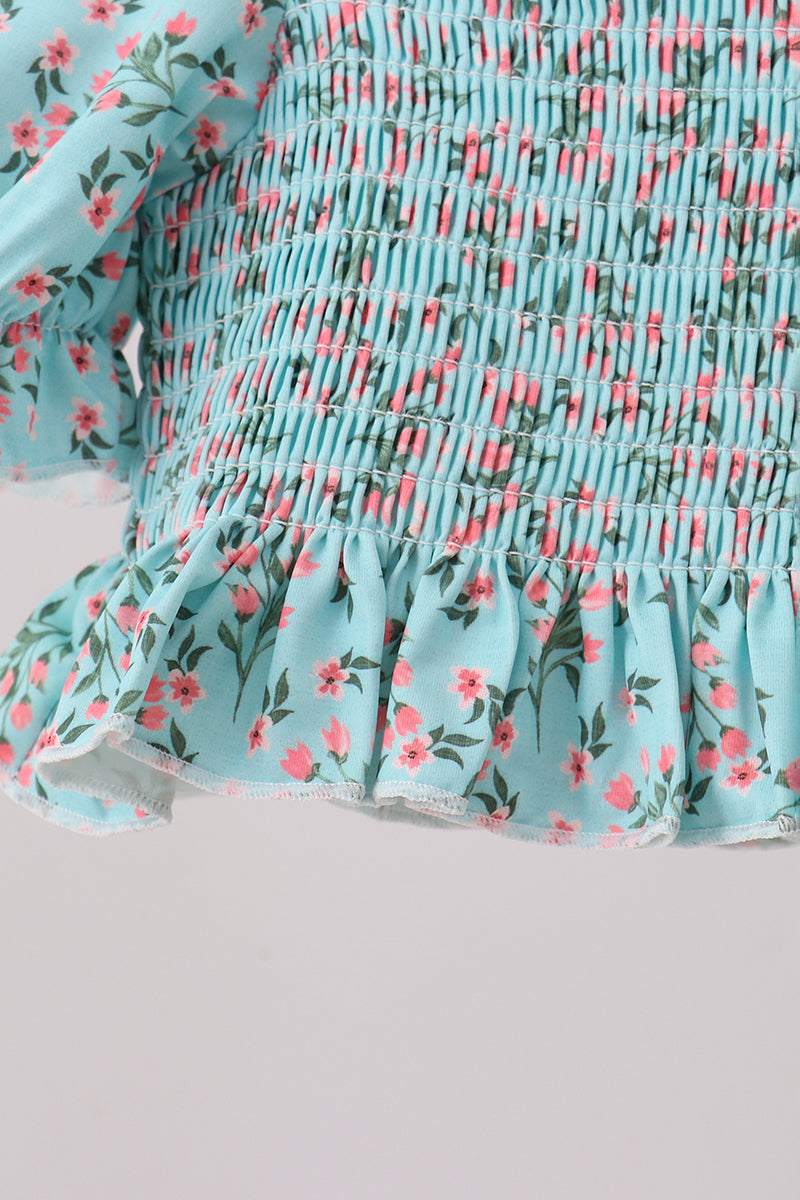 Green Floral Smocked Swimsuit
