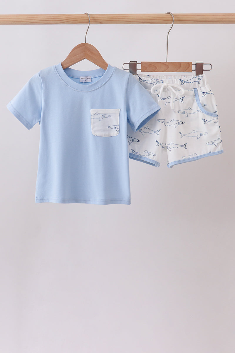 Blue Shark Print Shorts Set
