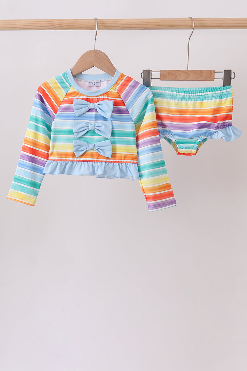 Rainbow Stripe Bow Ruffle Rashguard Set