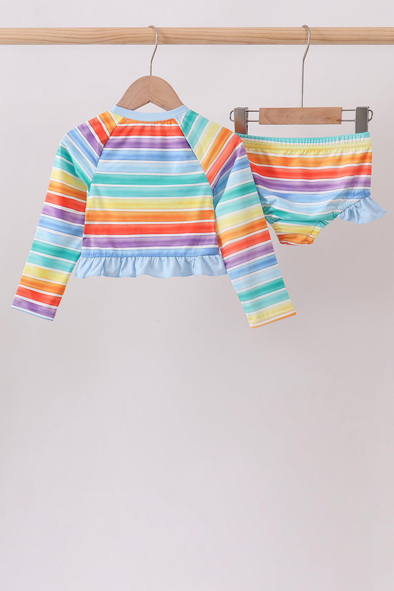 Rainbow Stripe Bow Ruffle Rashguard Set