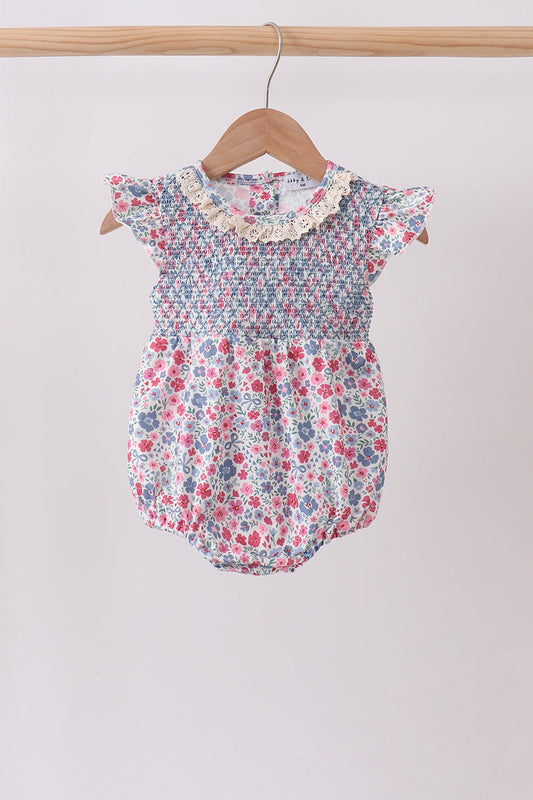 Blue Floral Smocked Ruffle Bubble