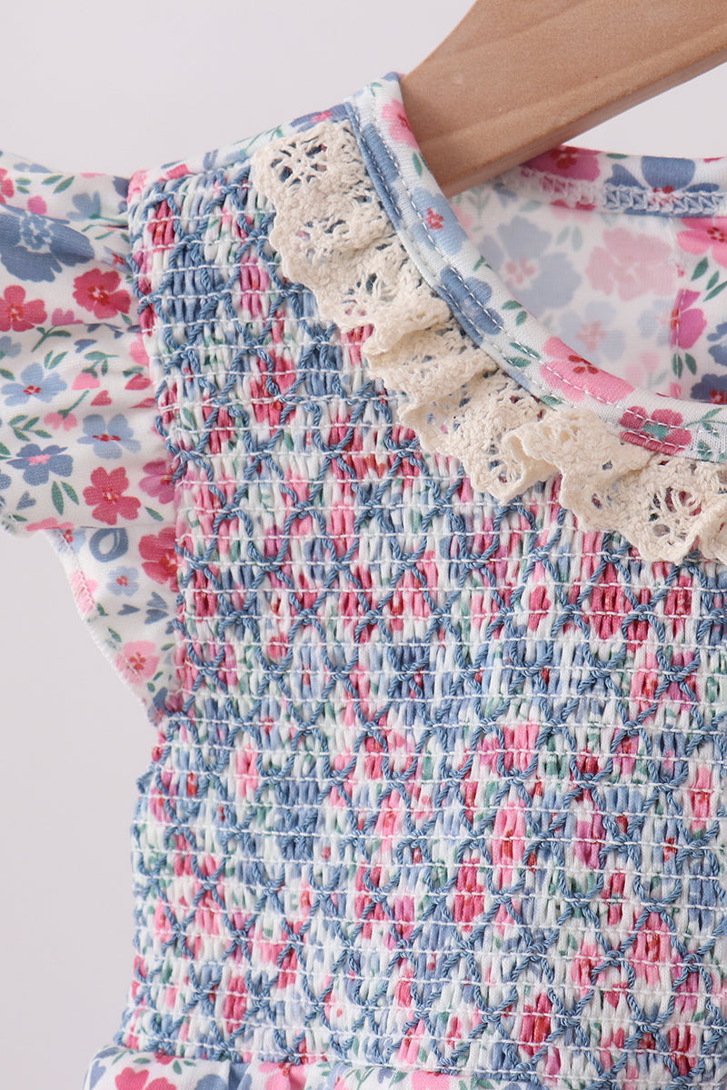 Blue Floral Smocked Ruffle Bubble