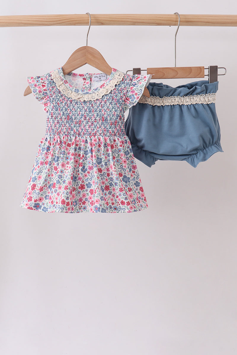 Blue Floral Smocked Ruffle Bloomer Set