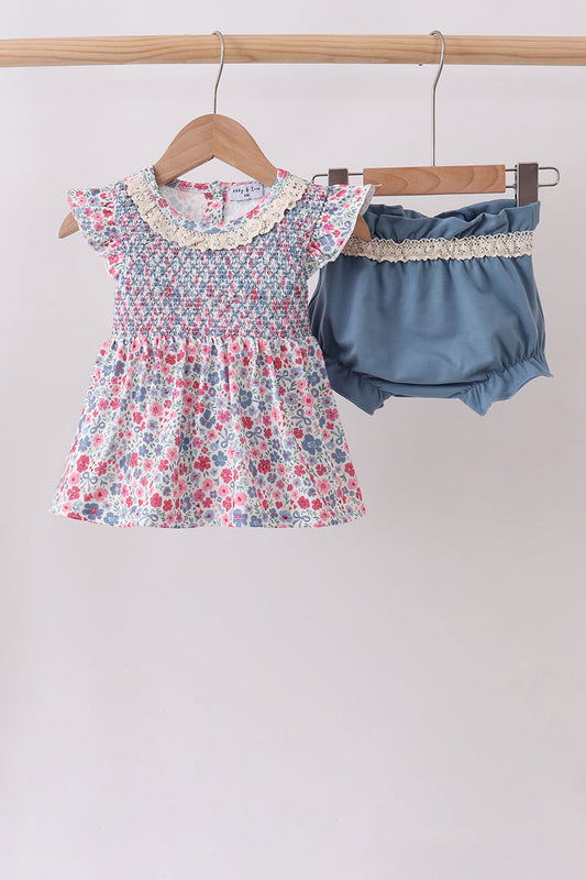 Blue Floral Smocked Ruffle Bloomer Set