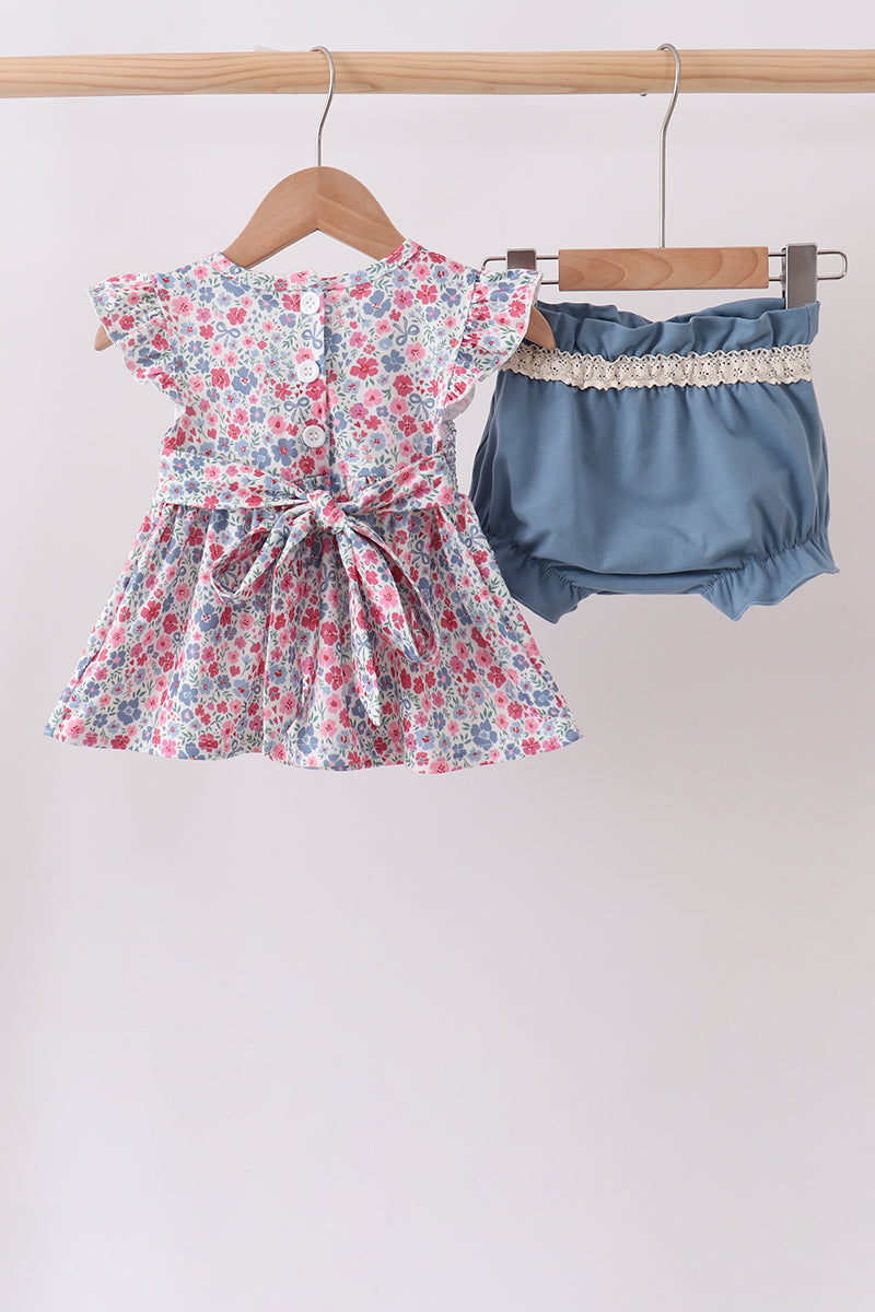 Blue Floral Smocked Ruffle Bloomer Set