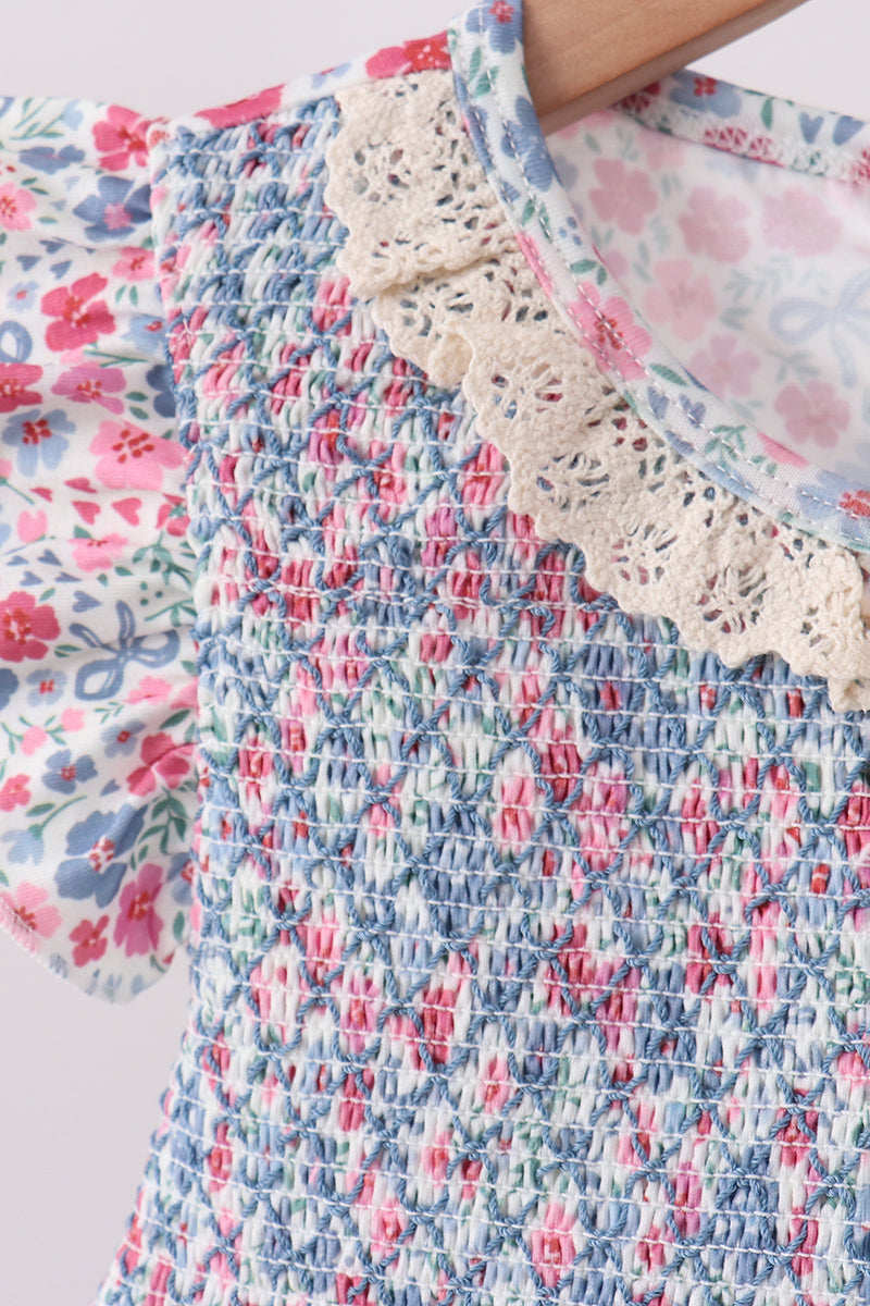 Blue Floral Smocked Ruffle Bloomer Set