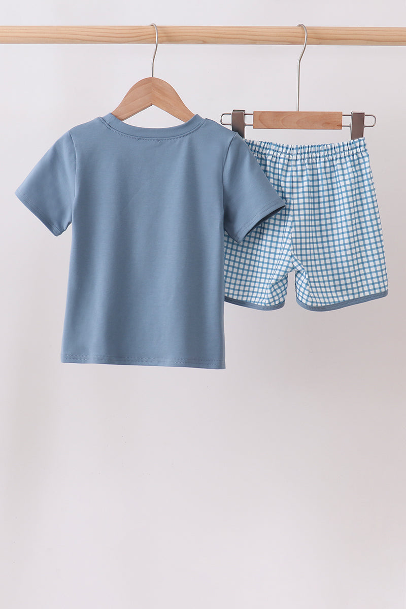 Blue Pocket Grid Shorts Set
