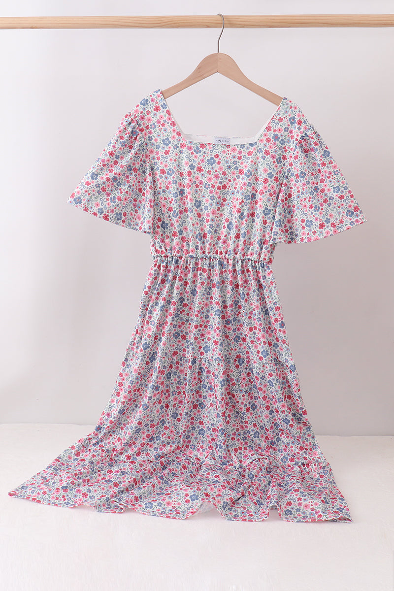 Blue Floral Print Mom Dress