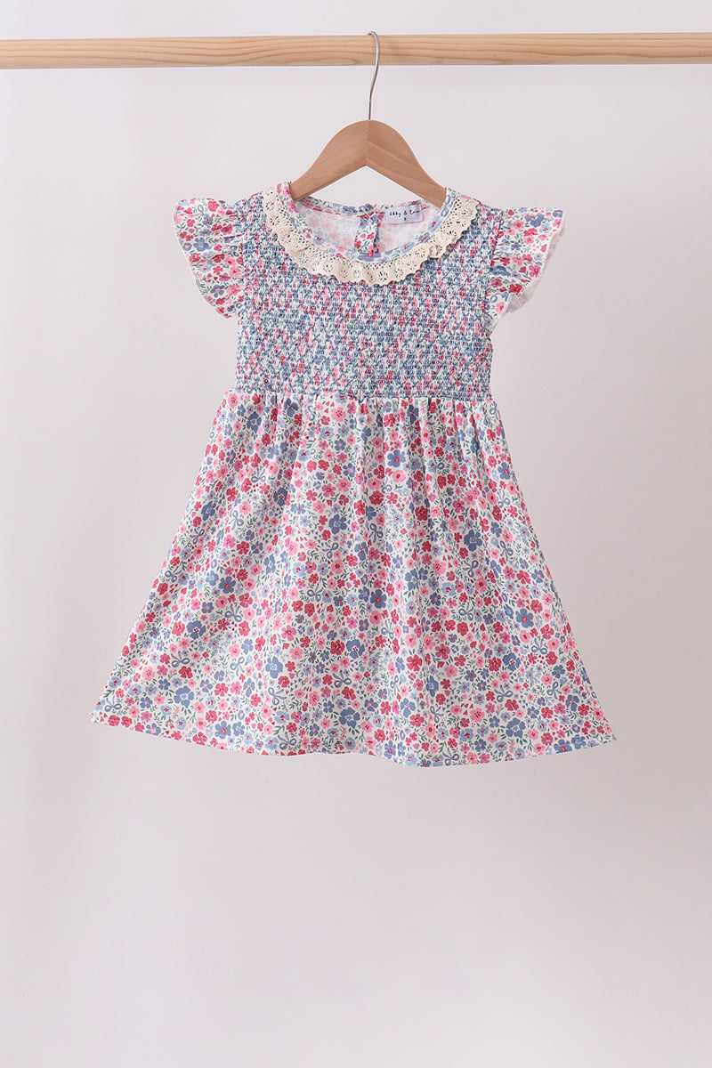 Blue Floral Smocked Ruffle Dress