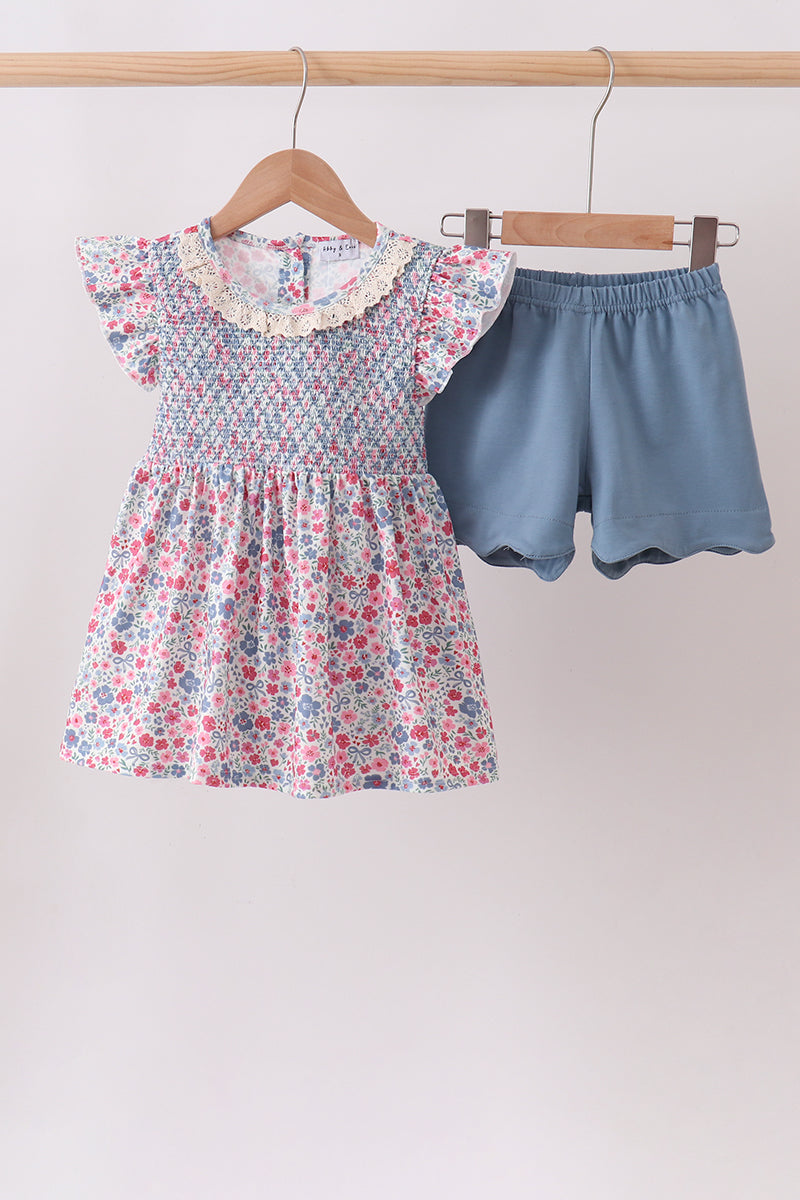 Blue Floral Smocked Scalloped Shorts Set