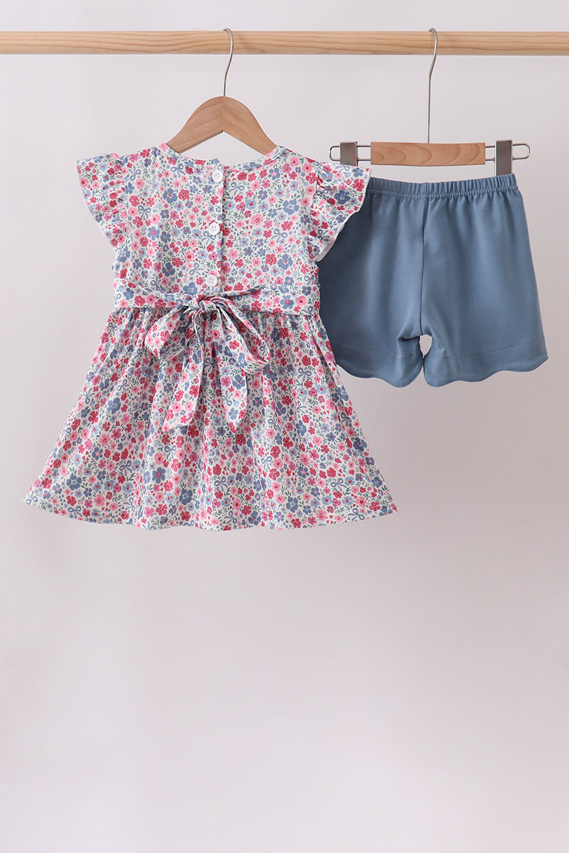 Blue Floral Smocked Scalloped Shorts Set