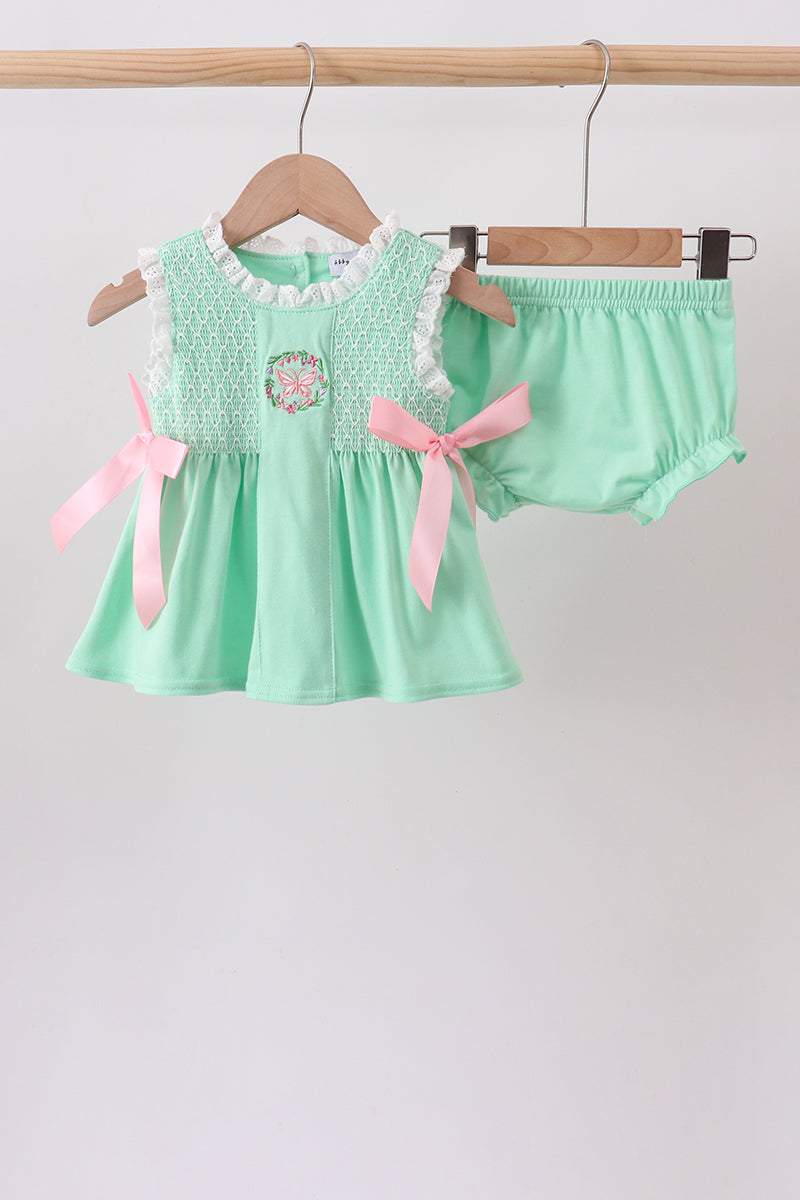 Green Butterfly Smocked Bloomer Set