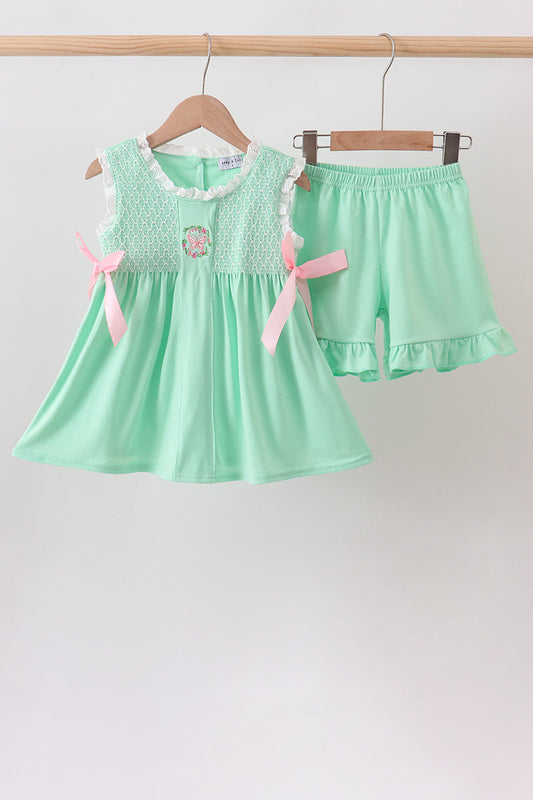 Green Butterfly Smocked Ruffle Shorts Set