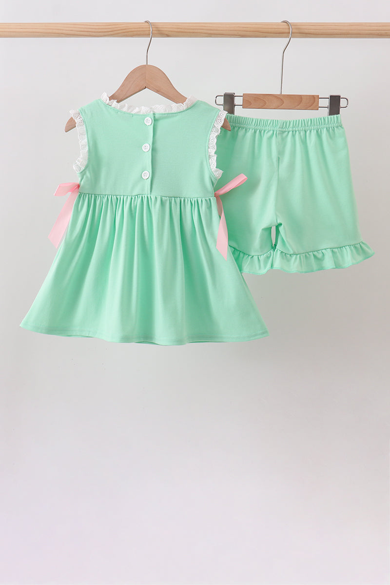 Green Butterfly Smocked Ruffle Shorts Set