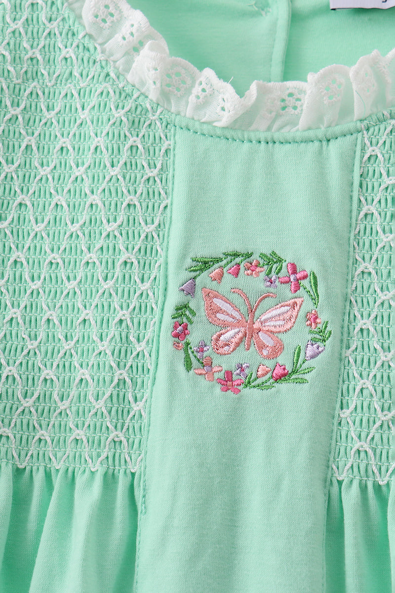 Green Butterfly Smocked Ruffle Shorts Set