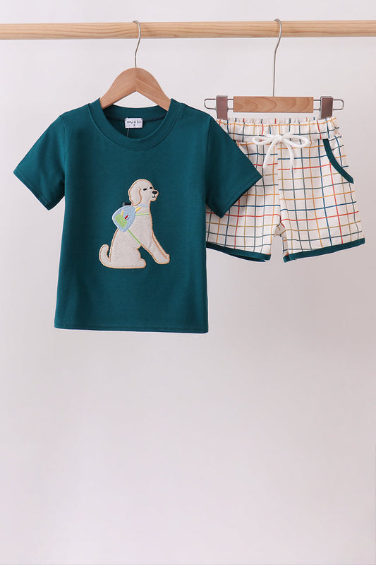 Teal Puppy Applique Plaid Set