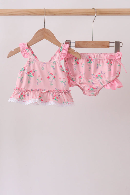Pink Floral Ruffle 2pc Swimsuit