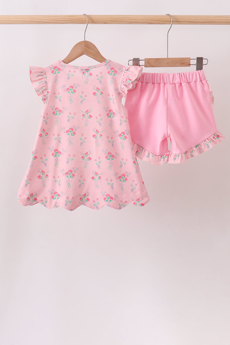 Pink Floral Ruffle Shorts Set