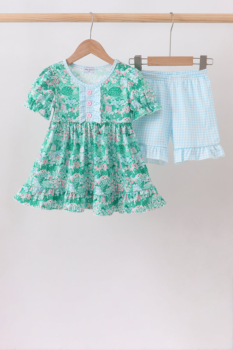 Green house floral Ruffle Shorts Set