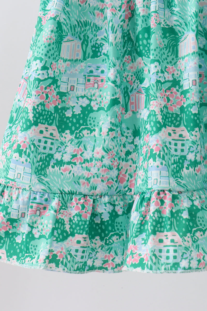 Green house floral Ruffle Shorts Set