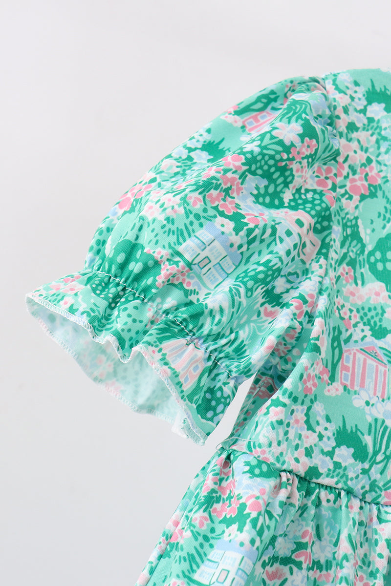 Green house floral Ruffle Shorts Set