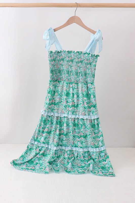 Green house floral Smocked Tiered Mom Dress